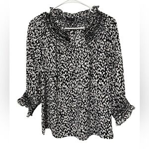 Talbots Petite Black & White Animal Print Smocked Split-Neck 3/4 Sleeve Blouse